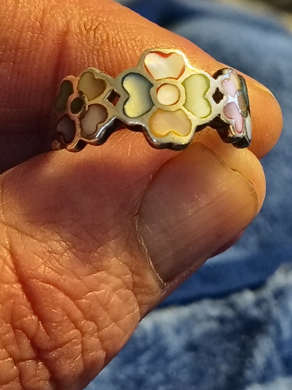 Vtg Native American Multicolor Floral Mother Of Pearl Ring Sz 9 Signed 925